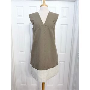 COS Colorblock Sleeveless Canvas V-Neck Shift A-Line Dress Tan White Trim 12
